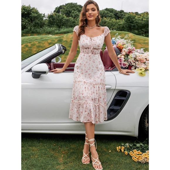 Dresses & Skirts - Cottagecore Floral Print Shirred Waist Knot Front Ruffle Hem Dress pink